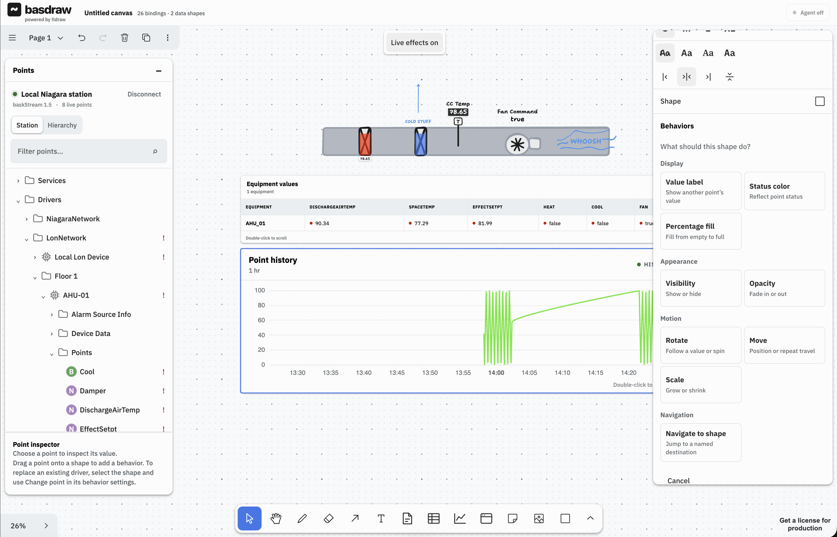 basdraw properties panel beside an animated air-handler sketch and live point history