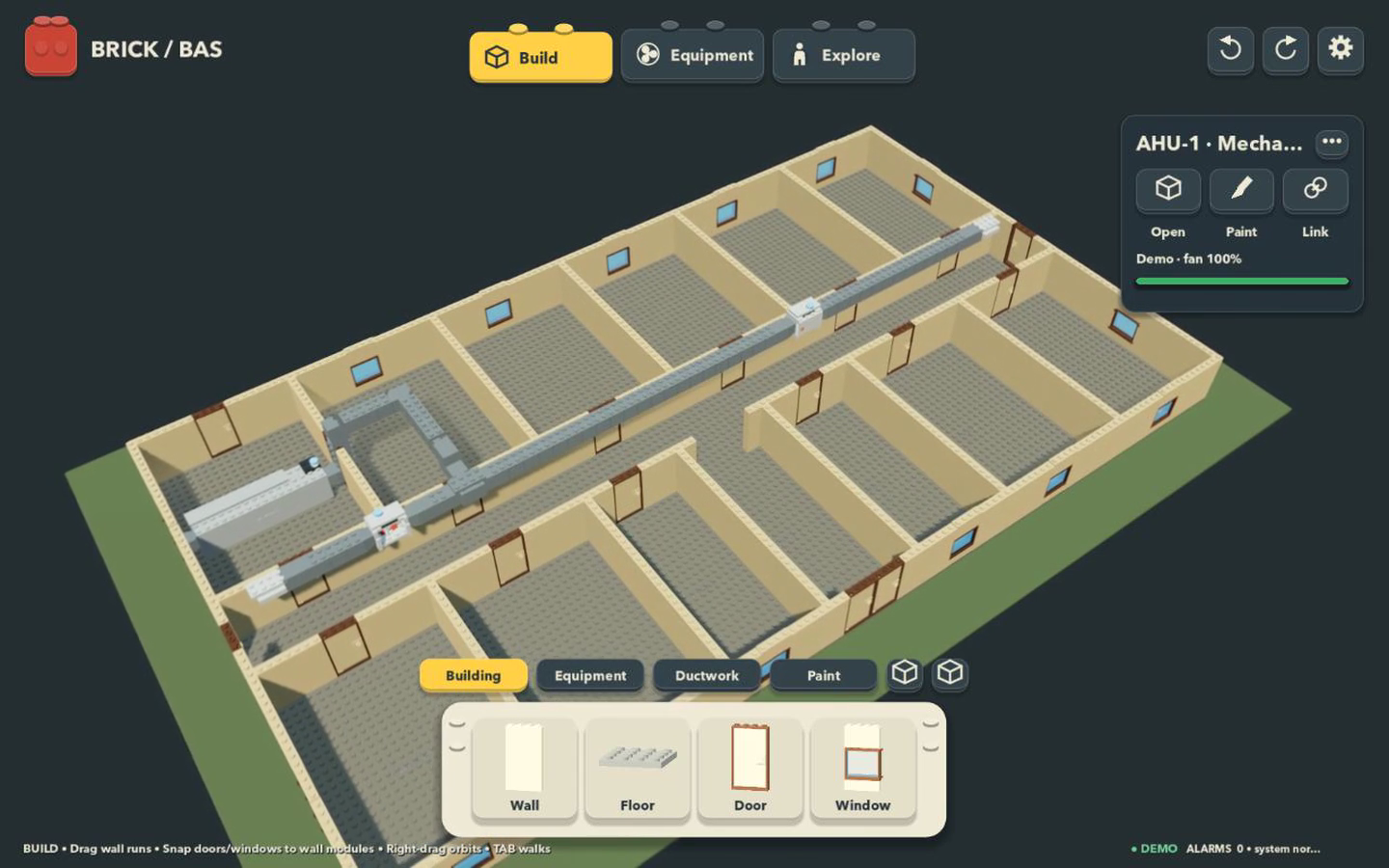 brick-bas school floor plan built from bricks with classrooms and overhead ductwork
