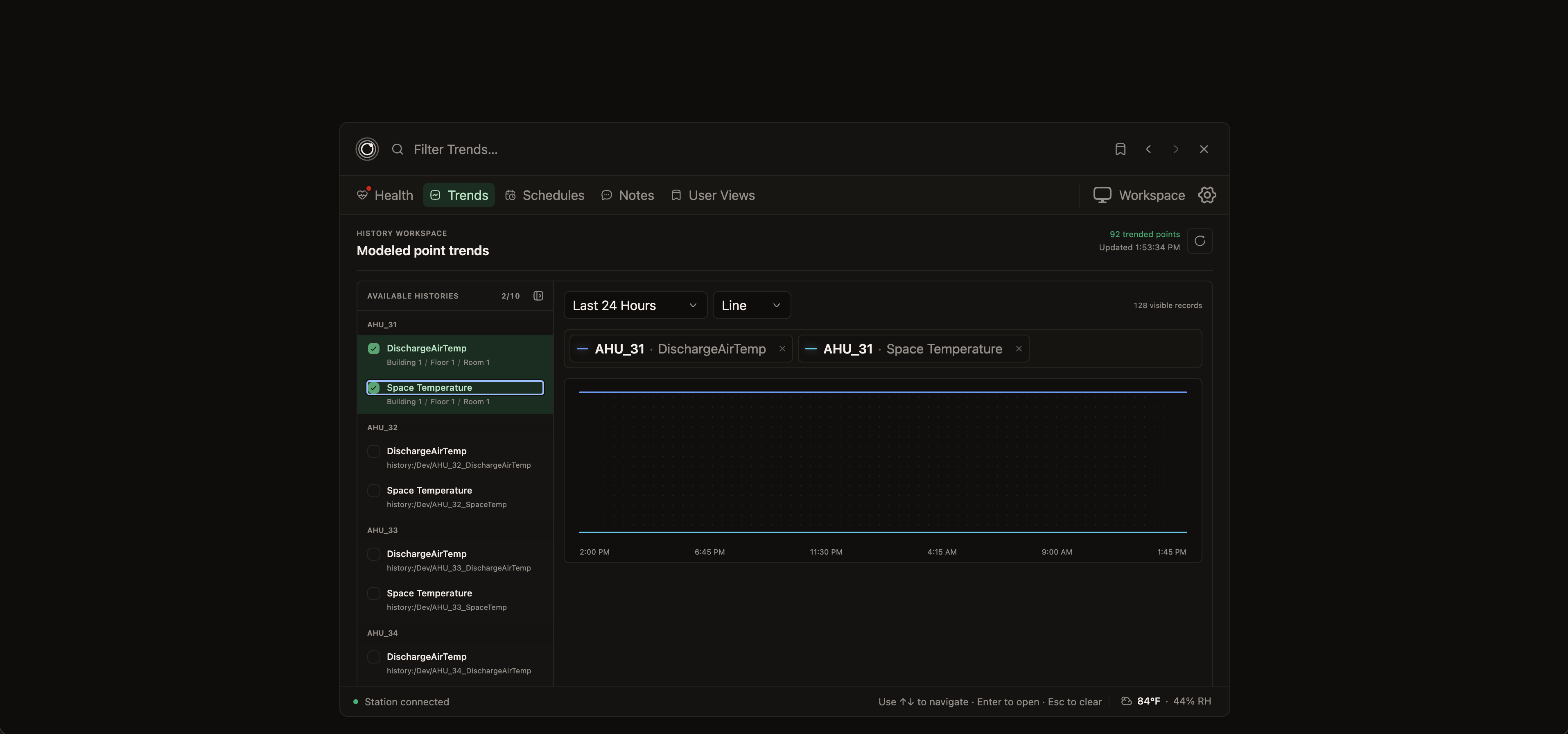 Dial Command showing selected Niagara point histories in a trend